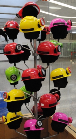Helmets on racksの写真素材