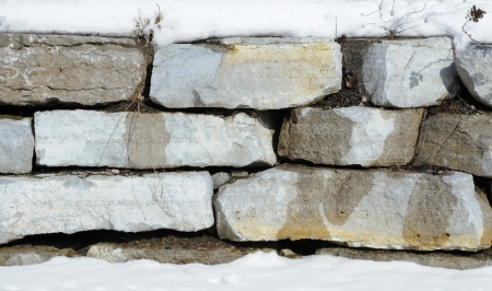 Retaining Stone Wall In Winterの写真素材