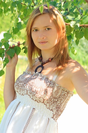 Portrait of the beautiful girl looking like dryadの写真素材