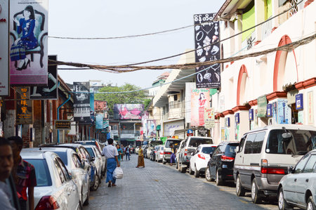 Yangon, Myanmar - Mar 4, 2016 : Photo of the Sule Boulevard with famous Bogyoke Market built in 1926 and formely know as Scott Market. Sule Boulevard are the busiest street in Yangon.のeditorial素材
