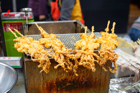 Giant fried squid on street food at Myeong-dong, Korea.の写真素材
