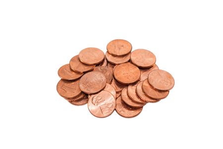 Pile of American coins (cent) currency on a white background.の写真素材