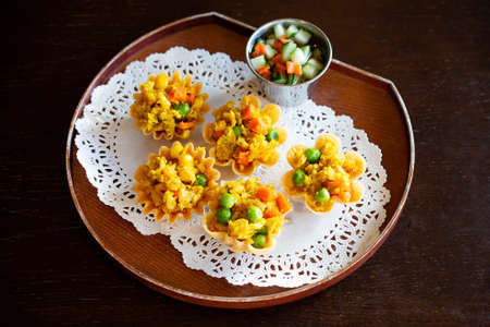 Kratong Thong, Minced Chicken and Sweet Corn in Crispy Golden Cup.の写真素材