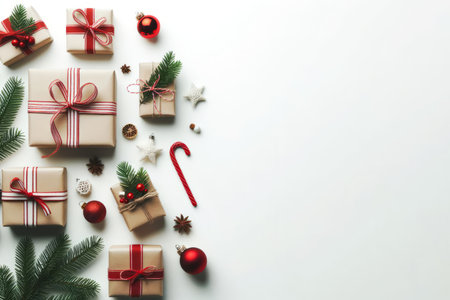 Top view Christmas arrangement with copy space. Gifts with red ribbon. Green conifer branches, cones, baubles.の素材