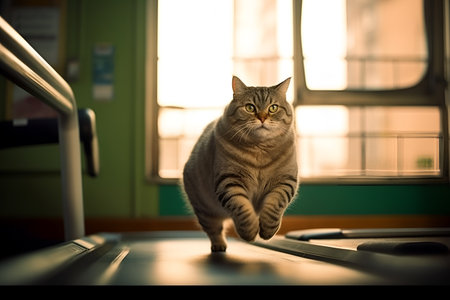 a fat gray domestic tabby cat runs on a treadmill. generated by AI.の素材