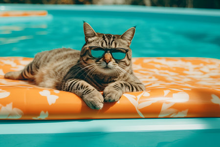 a gray tabby cat in sunglasses sits and swims on a mattress in the pool. generated by AI.の素材