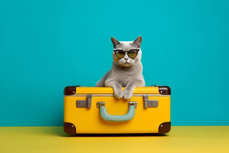 Grey cat in sunglasses lying in a suitcase. generated by AI.の素材
