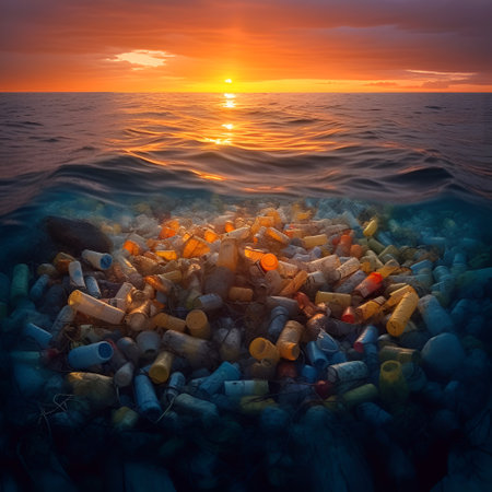 plastic waste and recycled waste thrown from the sea onto land. sunset background.environmental protection concept.generated by AIの素材