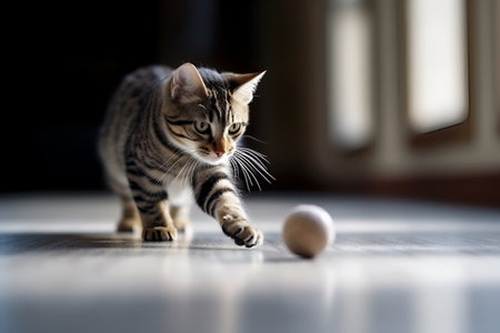 happy domestic kitten plays with a ball in the apartment on a light background. AI generated. the concept of cat food and healthy animals. toys for animalsの素材