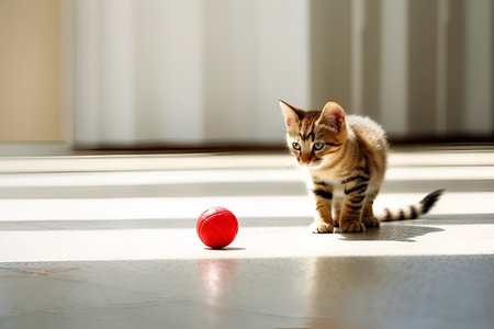 happy domestic kitten plays with a ball in the apartment on a light background. AI generated. the concept of cat food and healthy animals. toys for animalsの素材