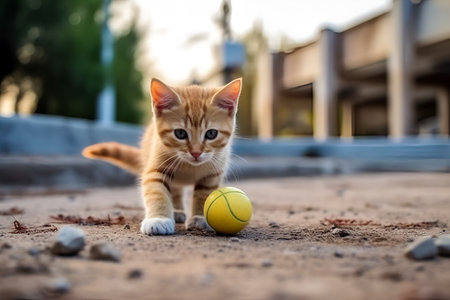 happy domestic kitten plays with a ball in the apartment on a walk. AI generated. the concept of cat food and healthy animals. toys for animalsの素材