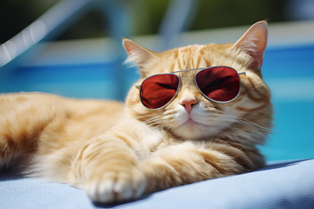 a red cat in sunglasses sits near the pool. generated by AI.の素材