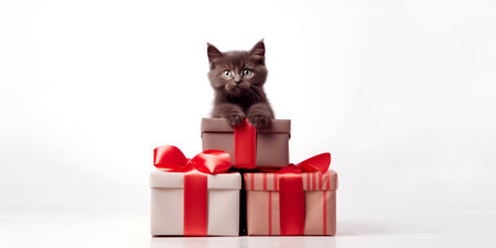 brown kitten sits on a white background with a red gift box with a red bow. surprise.AI generated.new Year gifts.Christmasの素材