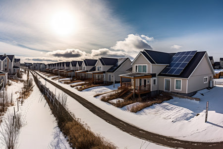 solar panels on the roofs of a houses.snow and winter.alternative energy sources.generated by aiの素材