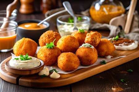 breaded cheese balls on a wooden board. fast food. AI generatedの素材