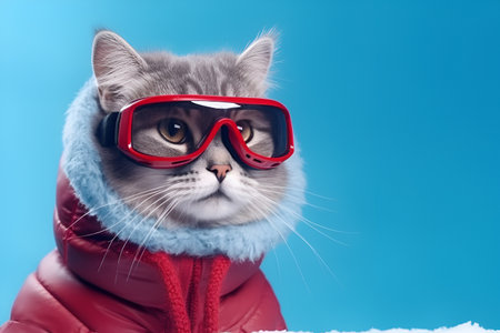 gray cat in ski goggles and a winter jacket. on a blue background. winter holiday concept generated by AI.の素材