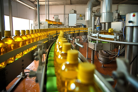 row of bottles of sunflower oil.production line.conveyor. AI generated. high quality photoの素材