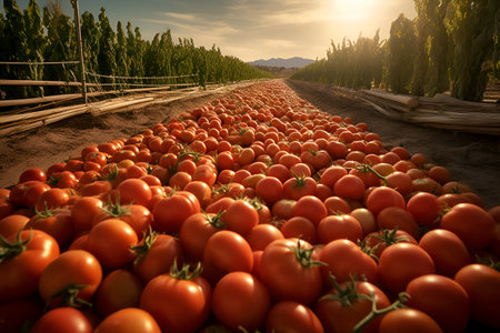 a large number of fresh ripe tomatoes lie on the farm. natural products. AI generated. high quality photoの素材