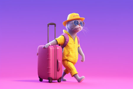 cat in a yellow hat and yellow jacket.suitcase on a lilac background.generated by AI.holiday concept. travel with animals. styling for animalsの素材