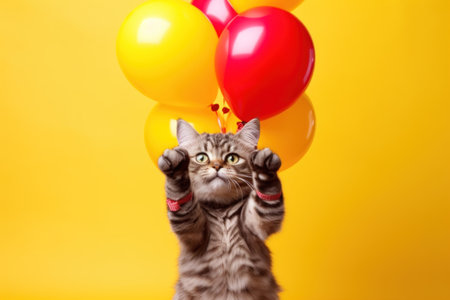 kitten with colorful balloons on a yellow background. kids party. present. surprise. happy birthday. AI generatedの素材