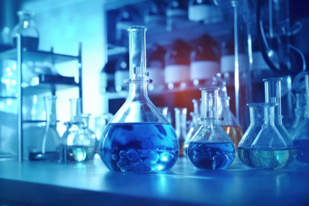 glass chemical flasks with multi-colored liquids and reagents on the table of a chemical laboratory. glassware. blue color. science and research. AI generatedの素材