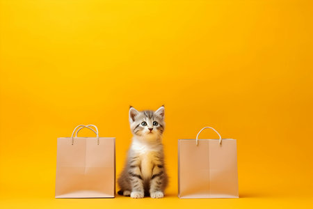 cat and shopping bag on yellow background. sale. Black Friday. Cyber Monday. AI generatedの素材