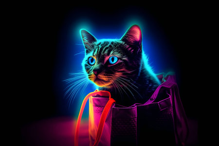 neon cat and shopping bag on black background. sale. Black Friday. Cyber Monday. AI generatedの素材