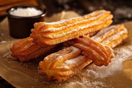 churros on white parchment with powdered sugar and sauce. close up. spanish cuisine. fast food. street food. AI generatedの素材
