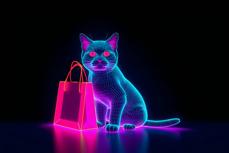 neon cat and shopping bag on black background. black Friday. cyber monday. AI generatedの素材
