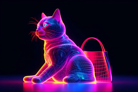 neon cat and shopping bag on black background. black Friday. cyber monday. AI generatedの素材