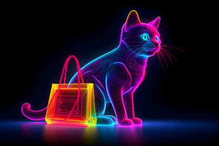 neon cat and shopping bag on black background. black Friday. cyber monday. AI generatedの素材