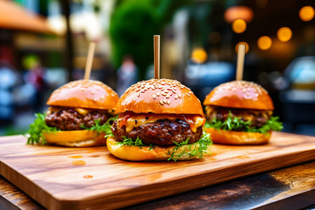 three mini burgers with beef on a wooden board on bokeh background. fast food. menu. AI generatedの素材