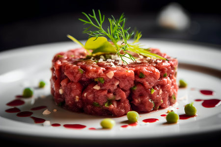 beef tartare with lime and green sauce on a black plate on a black blurred background. snack menu. AI generatedの素材
