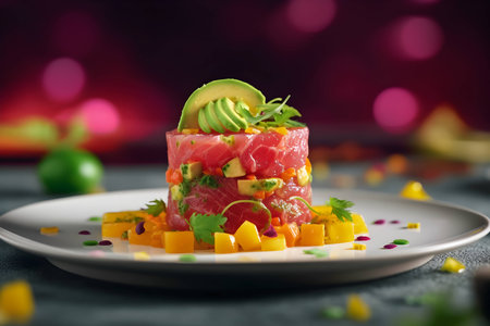 tuna tartare with avocado, lime and microgreen, piece of mango, chutney, on a white plate on a pink bokeh background. snack menu..AI generatedの素材