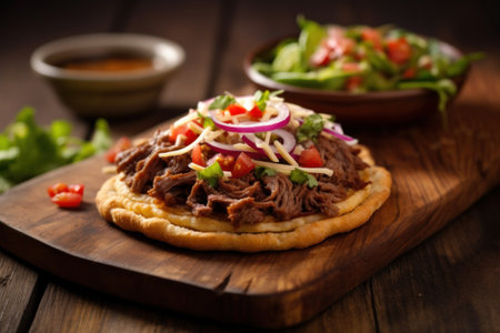 tostada with beef on a wooden board.Mesican, Latin American cuisine, generated by aiの素材