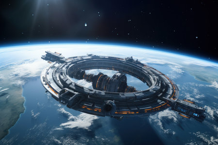 the orbiting space station enters the orbit of the planet earth.expedition to the moon. generated by aiの素材
