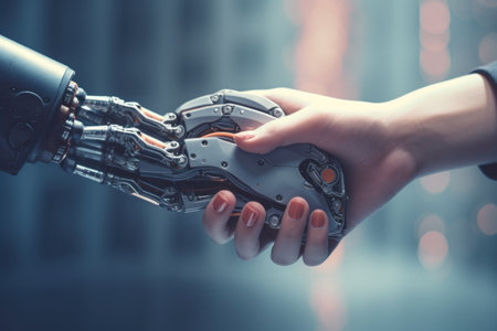 the human hand shakes the robot's hand. robotization. generated by AIの素材