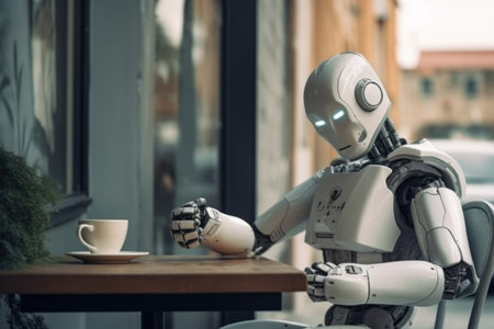 white robot is sitting on the table with a cup of coffee a white background. place for text. future and technology. artificial intelligence. AI generated. high quality photoの素材