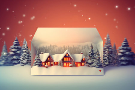 christmas greeting card. fairy house. snow and treesの素材