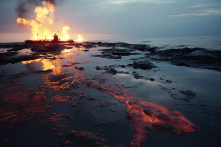 fire on an oil tanker. oil stains on the surface of the water. environmental disasterの素材