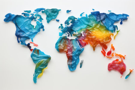 flatley world map made of colored plastic. waste recycling and ecology conceptの素材