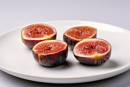 beautiful appetizing figs on a white plate on a white backgroundの素材