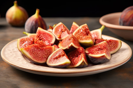 beautiful appetizing figs on a light plate on a dark backgroundの素材