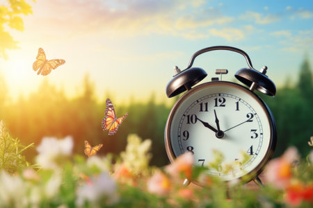 alarm clock stands on the green grass with flowers and butterflies. the time of spring and summerの素材