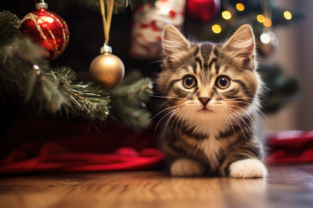 Christmas cat sits near to a Christmas tree. garlands. gold bokehの素材