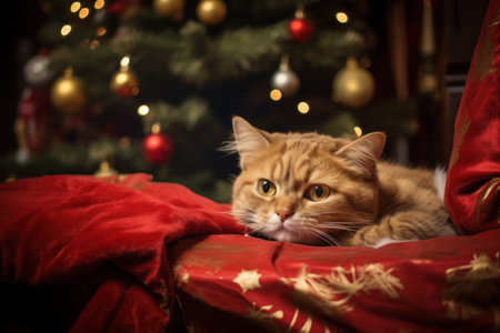 sad cat on the background of a Christmas tree. lonelinessの素材