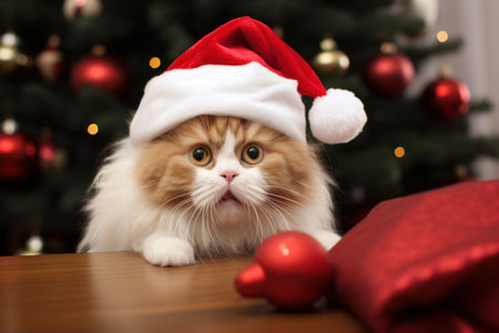 funny ginger cat with an open mouth in the red hood near the Christmas treeの素材
