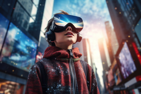 a teenager in virtual glasses on a city megapolis street. excursion. wide angle lensの素材