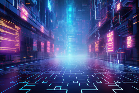 neon labyrinth. a futuristic maze in the megalopolis of the future.virtual realityの素材