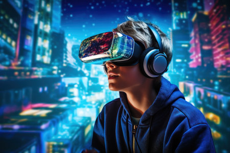 a teenager in virtual glasses and headphones in virtual reality city megapolis. new technologiesの素材